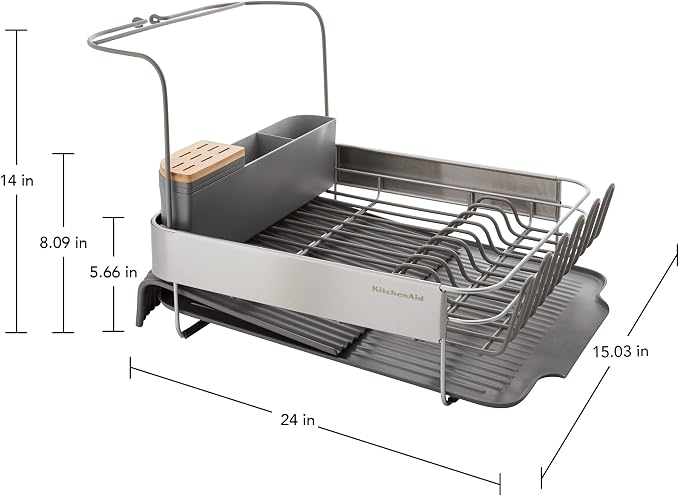 KitchenAid Compact to Full Size Expandable, Rust Resistant Satin Coated Dish Rack with Angled Self Draining Drain Board and Removable Flatware Caddy, 24-Inch, Charcoal - Image 3