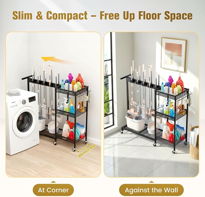 Broom Holder with Cleaning Supplies Organizer, Cleaning Utility Cart on Wheels, 10 Clips & 7 Hooks, 3-Tier Shelves, Broom Closet Storage Cabinet with Cleaning Caddy for Home Commercial Use - Image 5