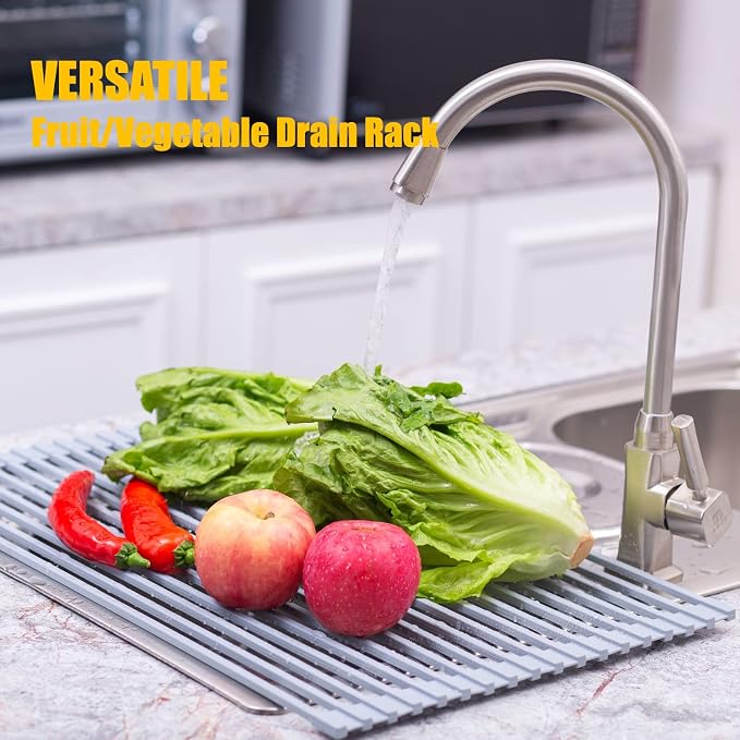 Roll Up Dish Drying Rack,Silicone-Coated Steel,20.8x13.2in | Over-sink rack,18 silicone-coated stainless steel rods,44 lb capacity,450°F heat resistance,roll-up storage - Image 2