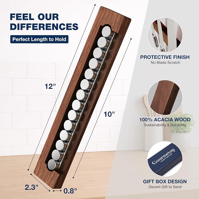 Magnetic Knife Strip 12”, Acacia Wood Knife Holder for Wall Mount | No Drill for Fridge, Dual-Row Magnet Hold 6 Knives & Heavy Cleaver, 3M Tape & Screw Mount, Kitchen Knife & Utensil Organizer - Image 4