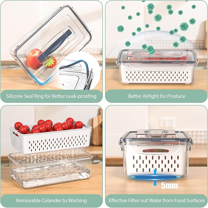 Anysig 5 Pack Fridge Fruit Storage Containers with Colander & Handle Lids | Airtight Fruit Containers for Fridge, Refrigerator Organizers and Storage, Dishwasher Safe, Keep Berry Fruit Fresh Longer - Image 5