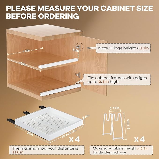 Seinloes 4 Pack Pull out Cabinet Organizer 21"Deep with Raising Pad for Framed Cabinets, Expandable Slide out Drawers for Kitchen Cabinets with 4pcs Divider Racks, Roll out Shelves 12.1"-20.4" W White - Image 4