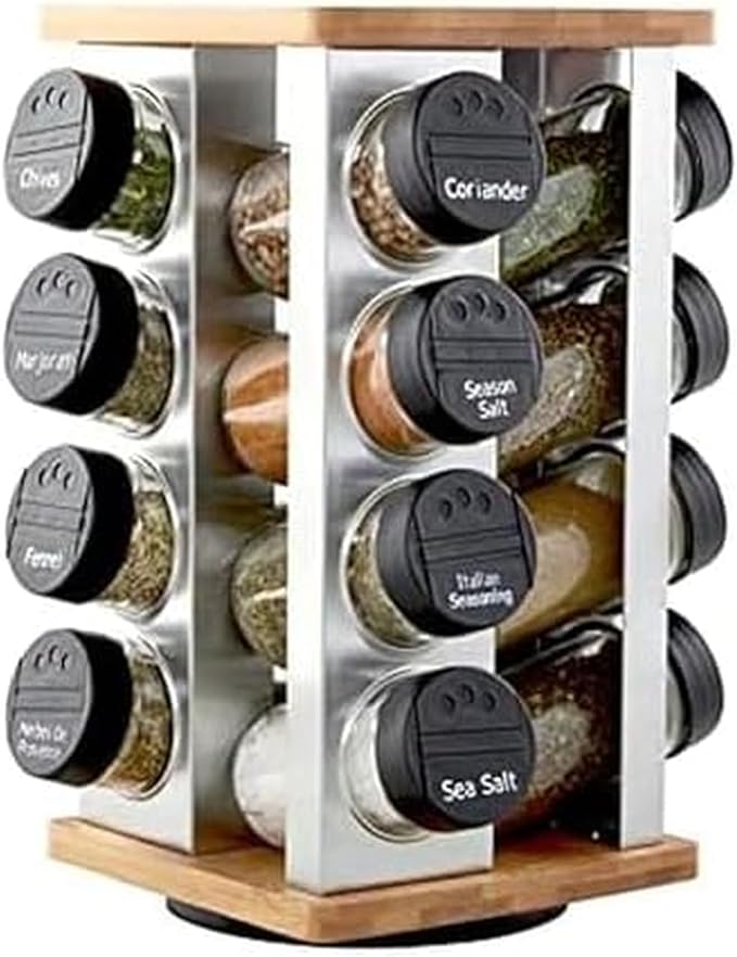 Kamenstein 16 Jar Warner Revolving Countertop Spice Rack Organizer with Lift & Pour Caps and Spices Included, FREE Spice Refills for 5 years, Stainless Steel & Bamboo with Black Caps by Kamenstein