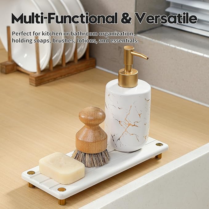 Instant Dry Sink Caddy Kitchen Sink Organizer, Quick Drying Diatomaceous Earth Stone Sink Tray Sponge Holder Soap Dish, Bathroom Countertop Vanity Dispenser Toothbrush, Gold White, 10" x 4" - Image 7