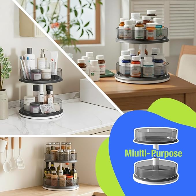 Lazy Susan Organizer for Medicine 2 Tier Pill Bottle Turntable | Clear Grey, 11 Inch, for Vitamin, for Cabinet, for Pantry, with Large Spice Rack - Image 6