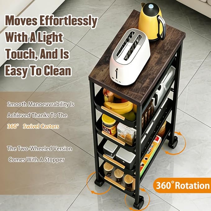 Slim Storage Cart with Wheels Pull-Out 5-Tier Rolling Storage Cart | narrow black 9.45in Wide, Mesh Baskets with Raised Edge, Wood-Grain Top, 360° Lockable Casters, Easy Assembly - Image 4