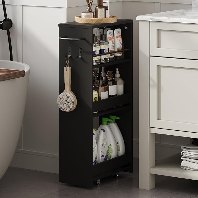 ChooChoo 4-Tier Slim Storage Cart, 7.87 inches Wide Narrow Storage Cabinet with 360° Wheels and 2 Hooks, Space-Saving Organizer for Kitchen, Narrow Places, Laundry Room, Black by ChooChoo