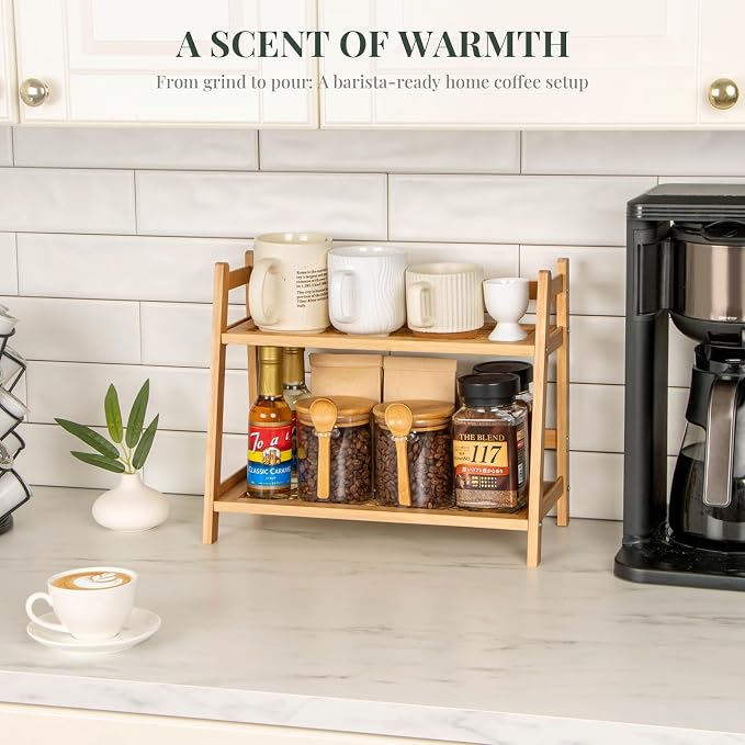 ANBOXIT Matcha Station Organizer, Countertop Bamboo Coffee & Tea Station | Rattan-Look 2 Tier Mug Holder Display Stand for Kitchen Condiment, Coffee Accessories, Home, Office - Image 4