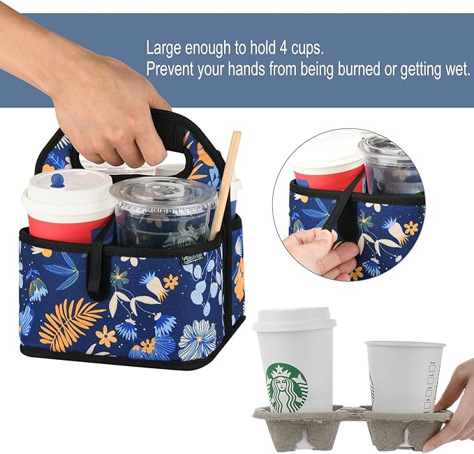 Beautyflier Reusable Insulated Coffee Cup Carrier, Portable Drink Holder with Handle Organizer Tote Bag for Hot & Cold Drinks (Blue Plants) - Image 4