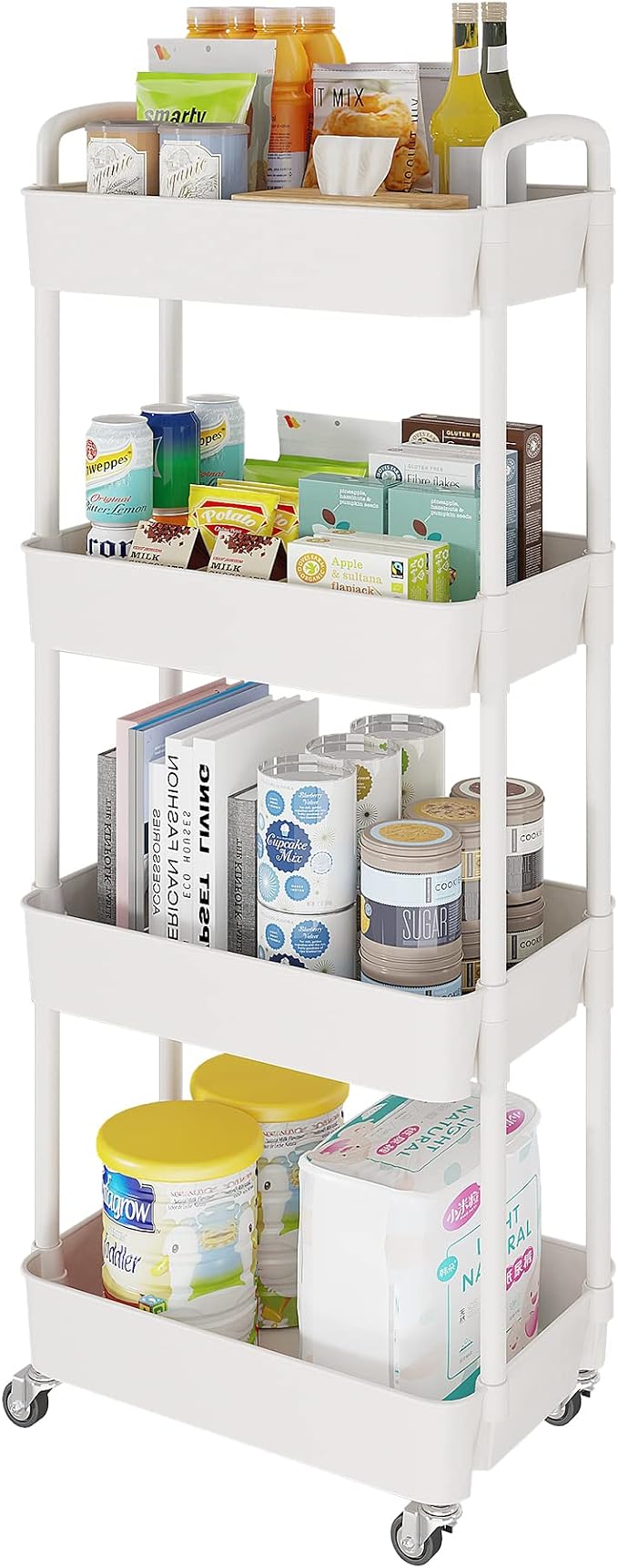 Laiensia 4-Tier Storage Carts,Multifunction Utility Rolling Cart Kitchen Storage Organizer,Mobile Shelving Unit Cart with Lockable Wheels for Bathroom,Laundry,Living Room,With Classified Sticker,White by Laiensia