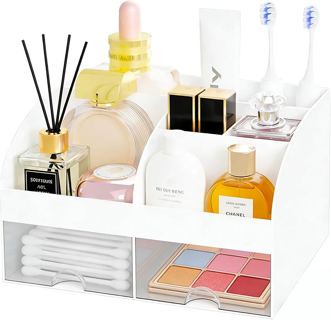 Makeup Organizer with 2 Drawers, Cosmetic Storage for Dresser Vanity and Bathroom Countertop,Make up organization and Skincare Storage with Beauty Brush Holder, Cosmetic Display Case 2Pcs White - Image 6
