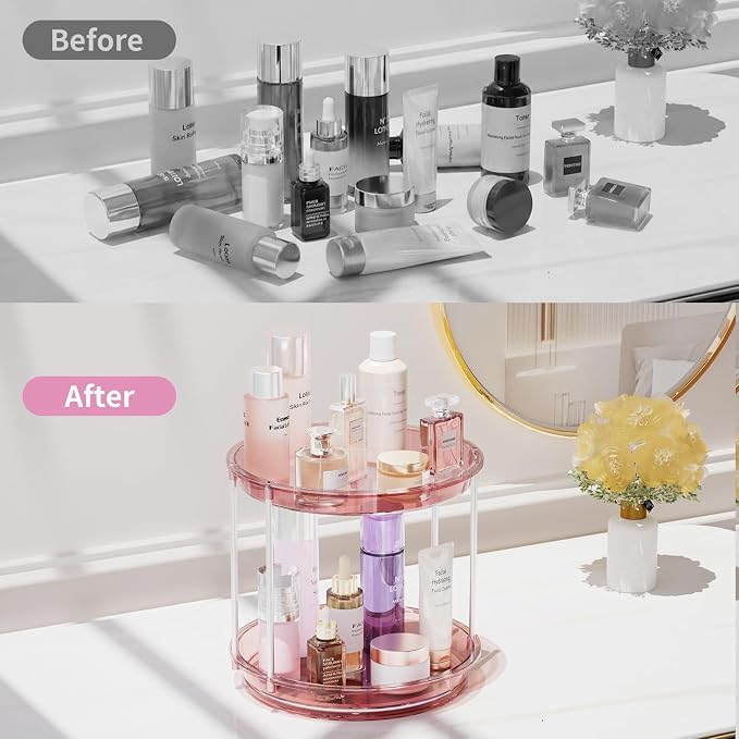 Rotating Makeup Organizer, Perfume Skincare Holder, 2 Tier 9 Inch, Pink | 360° Smooth Spinning Vanity Tray, Large Capacity, Space-Saving Cosmetics Storage for Bathroom Countertop, Dresser - Image 4
