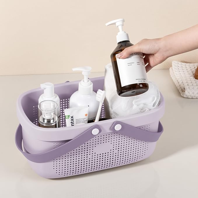 Portable Shower Caddy Basket with Handles Plastic Storage Basket ‌Purple | Sturdy Drainage Large Capacity Organizer Basket with Silicone Handles for Bathroom Kitchen Bedroom College Dorm Essentials - Image 6