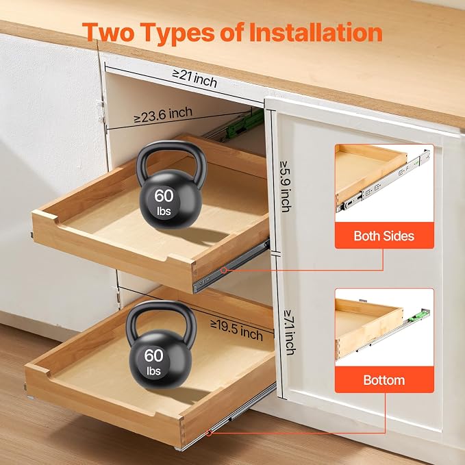VEVOR Pull Out Cabinet Organizer, 20"W x 21"D Cabinet Drawer, Soft Close Slide out Shelf, Heavy-Duty Sliding Wood Drawer, Bottom Mount Size（20.5"W x 23"D）and Side Mount Size（21"W x 23"D） | Heavy-Duty Sliding Shelf with Bottom or Side Mounting for Organ... - Image 5