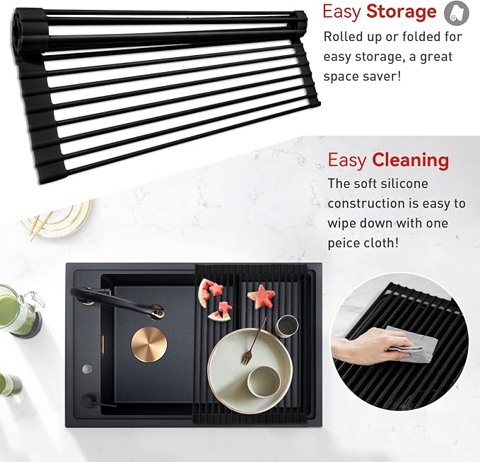 MERRYBOX Roll Up Dish Drying Rack Silicone Wrapped Over The Sink Dish Drying Rack Multipurpose Foldable Sink Drying Mat Anti-Slip & Anti-Rust Dish Rack for Kitchen, 17.5" x 13", Black - Image 3
