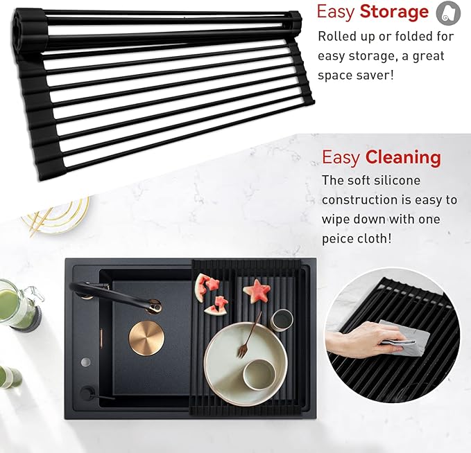 MERRYBOX 20.5" x 13" Roll Up Dish Drying Rack Silicone Wrapped Over The Sink Dish Drying Rack Multipurpose Foldable Sink Drying Mat, Heat-Resistant & Anti-Rust Dish Rack for Kitchen Sink, Large, Black - Image 3