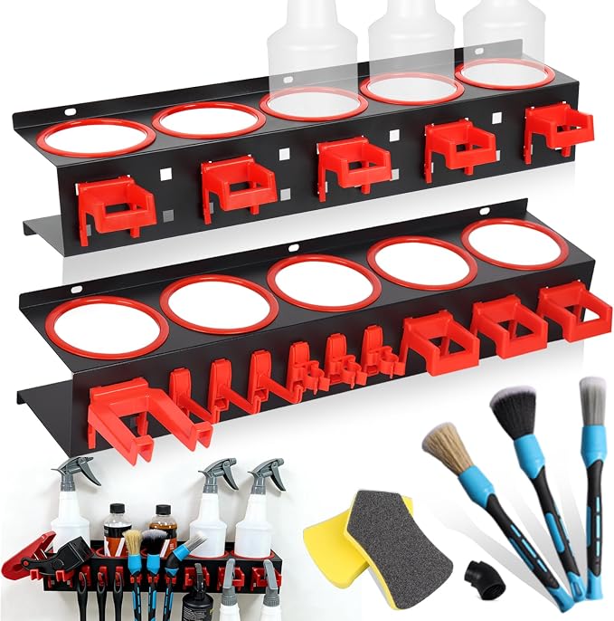 Spray Bottle Holder Wall Mount, 22Pcs Car Detailing Bottle Holder Rack Set | Heavy-Duty Detailing Organizer with Clips Hooks Brushes, Garage Van Workshop Steel Rack for Aerosol Cans, Van, Workshop Tool by Unknown