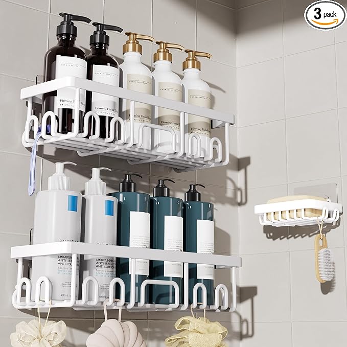 Veken Shower Caddy 3-Pack, Advanced Rustproof Design, No Drilling Adhesive Shelves, Rack with Soap Holder, Large Capacity Bathroom Organizers and Storage, Wall-Mounted Kitchen & Home Decor, White by Veken