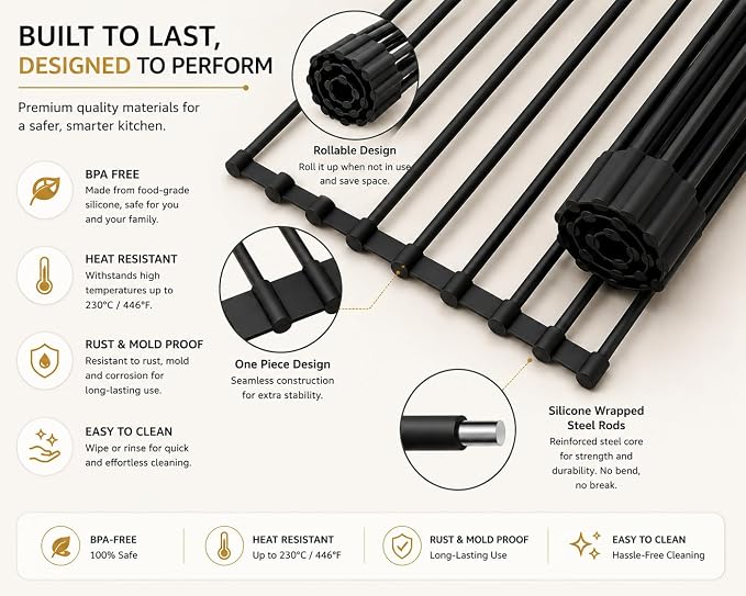 Roll Up Dish Drying Rack for Kitchen Sink, Silicone Wrapped Dish Drainer,Flodable Over Sink Drying Rack,Heat Resistant, Drain Mats, Space Saving, Multipurpose (Matte Black, Large) - Image 3
