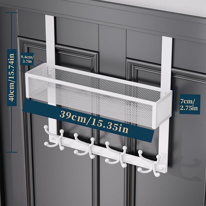 Consumest Over The Door Hooks Organizer - 2 Tier Over Door Hanger with 16 Hooks & 2 Baskets for Hanging Coat, Clothing, Towel, Back Storage for Bathroom, Closet, College Dorm, White - Image 7