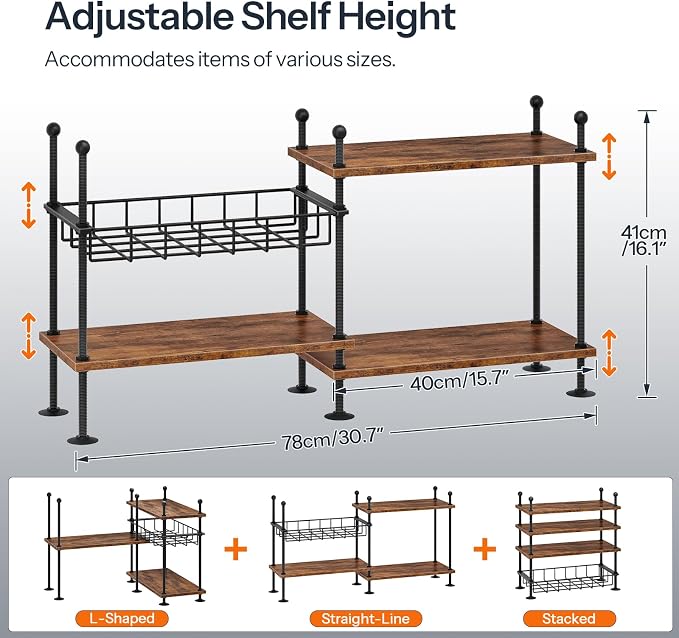 HOOBRO Kitchen Countertop Organizer, 4-Tier Adjustable Kitchen Storage Shelf with Rods & Leveling Feet, 3 Configurations, for Cabinet, Countertop, Bathroom, Office, Rustic Brown and Black BF21TL01 - Image 2