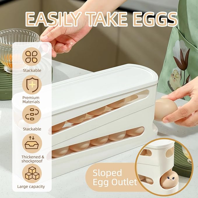 Egg Holder for Fridge, Automatic Rolling Egg Organizer for Refrigerator, Stackable Egg dispenser for refrigerator, Egg Storage & Egg Rack with Lid, Egg tray for Kitchen & Pantry Storage, FIFO Design - Image 4