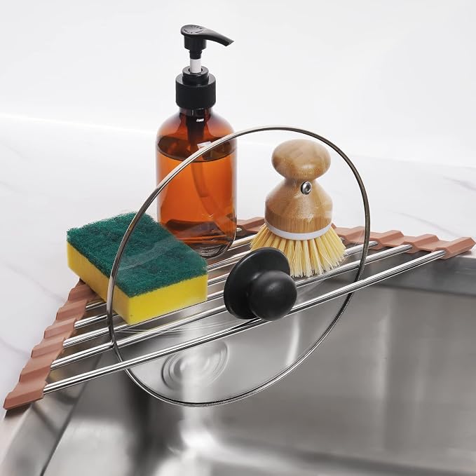Tomorotec Triangle Roll-Up Dish Drying Rack for Sink Corner Small Foldable Stainless Steel Over The Sink Multipurpose Kitchen Drainer Caddy Trivet Rustproof Storage Shelf (Chocolate Brown) | BPA-Free Food-Grade Silicone Edges Foldable Waterproof Rustpr... - Image 9