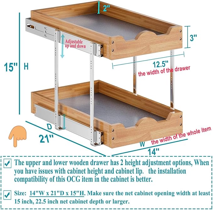 OCG Pull Out Drawers For Cabinets 14"W x 21"D, 2 Tier Heavy-Duty Slide out Wood Drawer Shelf, Pull Out Drawer for Cabinets, Base Cabinet Organization ​for Kitchen, Pantry, Bathroom - Image 3