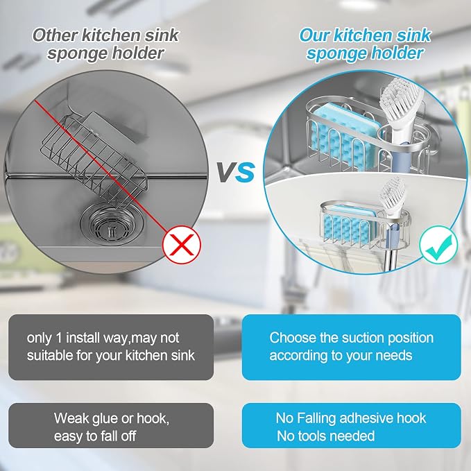 2-in-1 Sponge Holder for Kitchen Sink, Sink Caddy Kitchen Sink Organizer with 3 Suction Cups, No Drill Rustproof Sink Sponge Holder for Dish Brush, Soap & Sponge (Silver) - Image 3