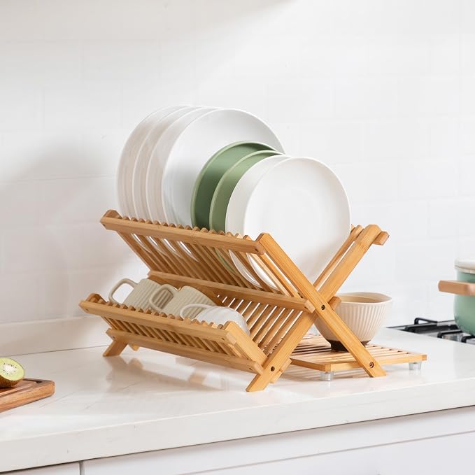 Bamboo 3 Tier Dish Drying Rack with Utensil Holder | Collapsible Dish Rack for Kitchen Counter, Large Folding Drying Holder, Dish Drainer, Kitchen Organizers and Storage - Image 8
