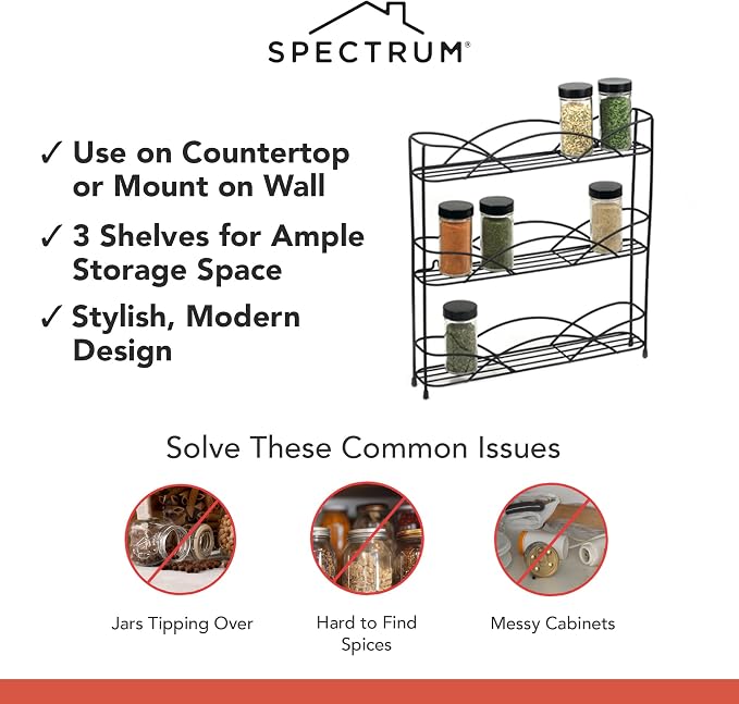 Spectrum 3 Tier Spice Rack Organizer Black Countertop Wire Shelf Spice Rack for Modern Kitchen Pantry Cabinet, Organize Spices with Three Tier Spice Shelf for Kitchen Storage with Wall Mount Option - Image 3