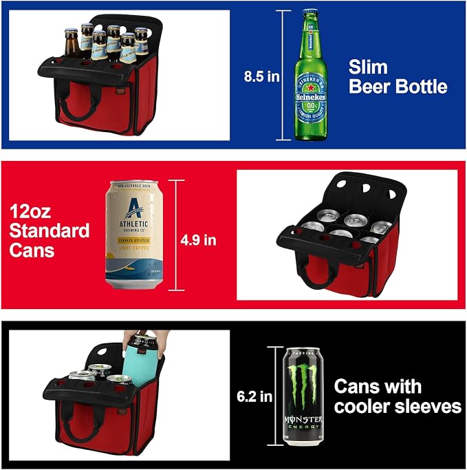 Portable Drinks Tote Bag for 6 PCS Beverage Cans/Bottles, Neoprene Insulated Drinks Can Bottle Carrier Tote Beverages Cans Cooler Bag Holder for Camping, Picnic, Party (Red) - Image 5