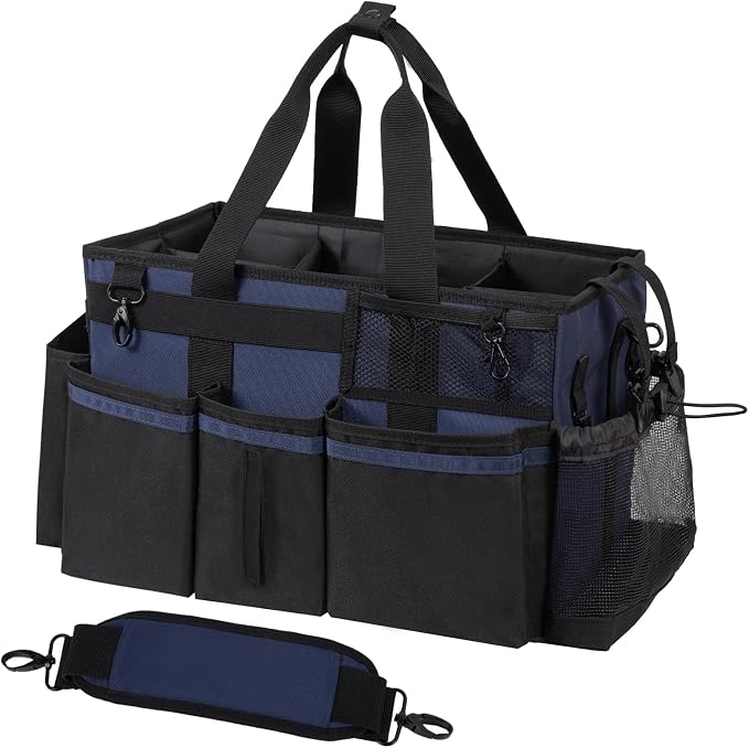 SCAVATA Wearable Cleaning Caddy, Cleaning Caddy Supplies Organizer with Handle & Shoulder Straps for Housekeepers, Under Sink & Car Cleaning Tool Organizers Bag with 4 Foldable Divider (NavyBlue) by Tidyyourlife