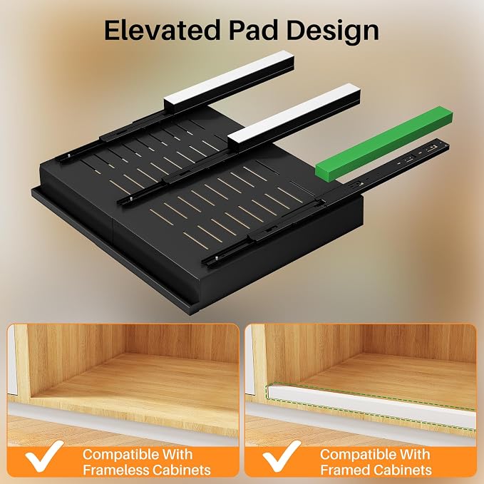Pull out Cabinet Organizer, 2-Pack Expandable(13.6"-24") Silde out Drawers with Raising Pad for Framed Cabinets, Adjustable Full-Extension Adhesive Roll out Shelves for Kitchen Pantry Home Pot and Pan - Image 8