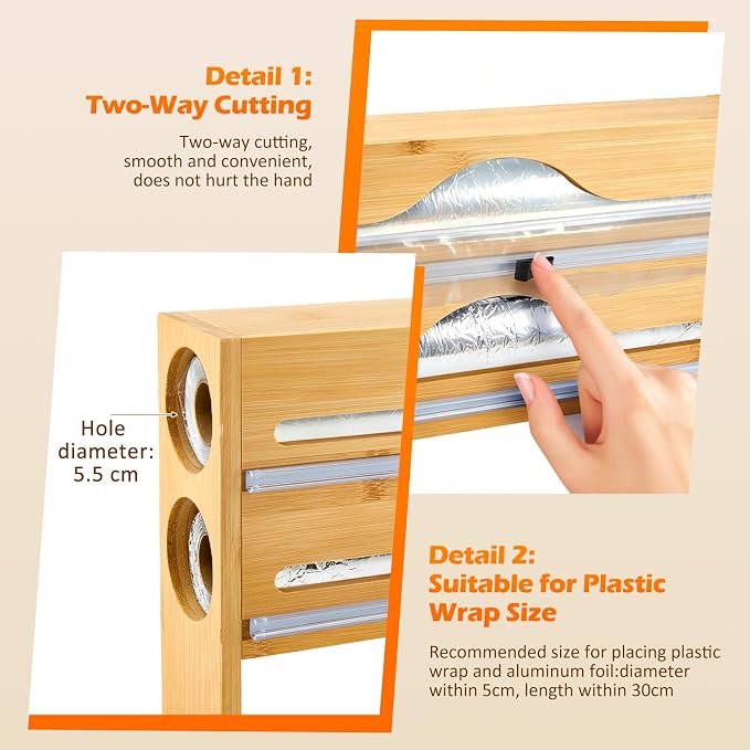 Plastic Wrap Dispenser with Cutter, 3 in 1 Tin Foil Wrap Dispenser Wall-Mounted Organizer for Baking Paper, Wax Paper Holder Kitchen Storage Box (Wood) - Image 2