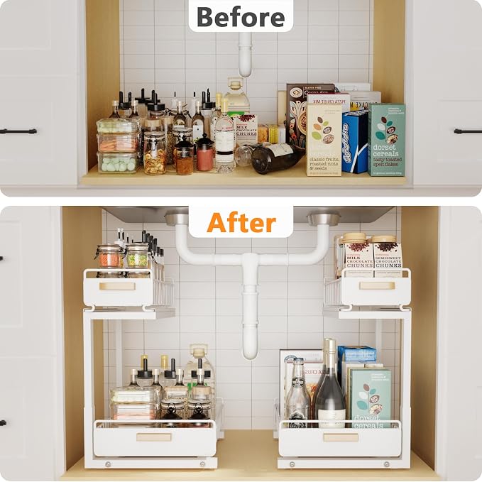 2 Pack Under Sink Organizer with Ball Bearing Sliding Drawer, Heavy Duty Pull Out Cabinet Organizer, 2 Tier Adjustable Storage Rack for Kitchen Bathroom, Space Saving Design, White - Image 8
