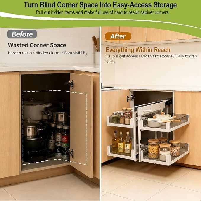 Blind Corner Cabinet Pull Out Organizer, Heavy-Duty Magic Corner Shelves with Soft Close, 2-Tier Full Extension Baskets for 13",14.1",15.3",16.9" Kitchen Cabinets, Left & Right Compatible - Image 4