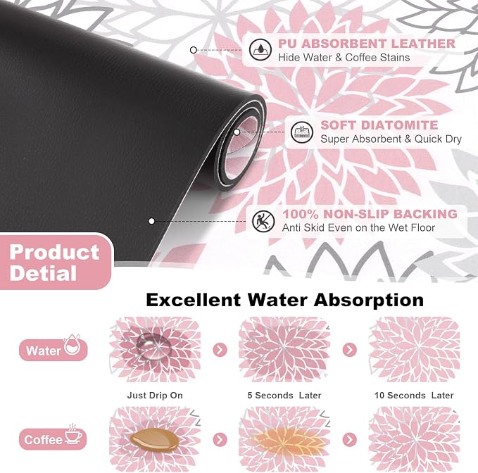 Findosom Dish Drying Mat, 12" x 20" Super Absorbent Dish Mat with Floral, Hide Stain Drying Mat for Kitchen Counter, Under Dish Rack, Coffee Maker, Espresso Machine, Pink - Image 5