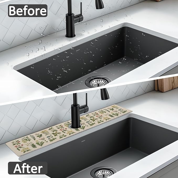 24" X 5.5" Kitchen Sink Splash Guard Faucet Mat Floral Super Absorbent Fast Drying Faucet Guard & Draining Mat Sink Splash Guard Behind Faucet for Kitchen, Bathroom - Image 6