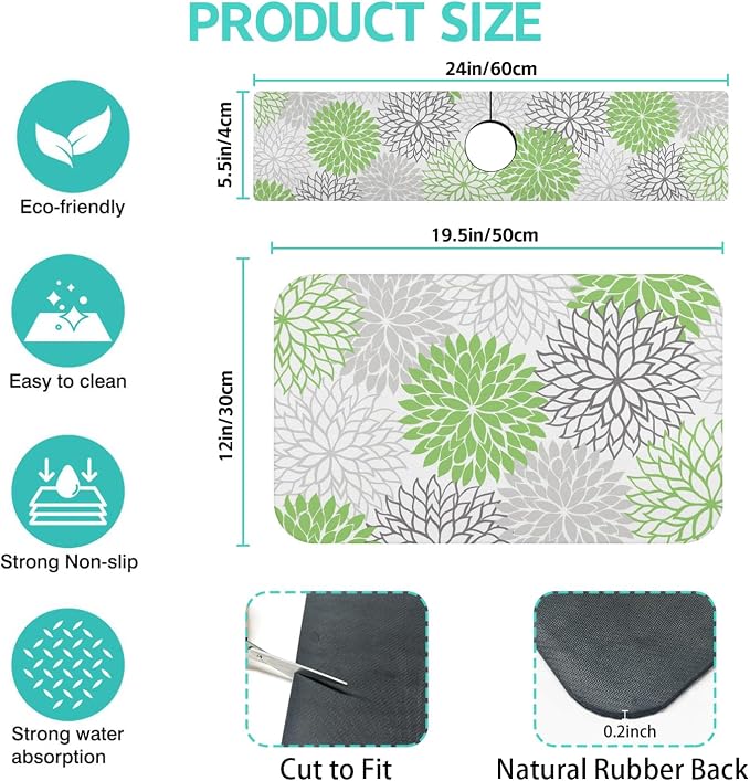 Dish Drying Mat for Kitchen Counter Matt, 2PCS 19"x12" Dish Drainer Mat & 24"x5.5" Sink Splash Guard, Super Absorbent Non-slip Rubber Backed - Image 2