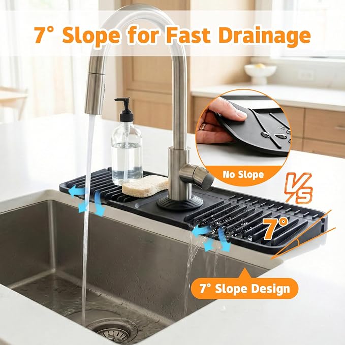 Silicone Faucet Mat for Kitchen Sink, 17" Splash Guard 7° Slope Fast Drain | Adjustable hole cutout for easy install, fits kitchen & bathroom sinks; food-grade silicone, easy to clean, keeps counter dry - Image 3