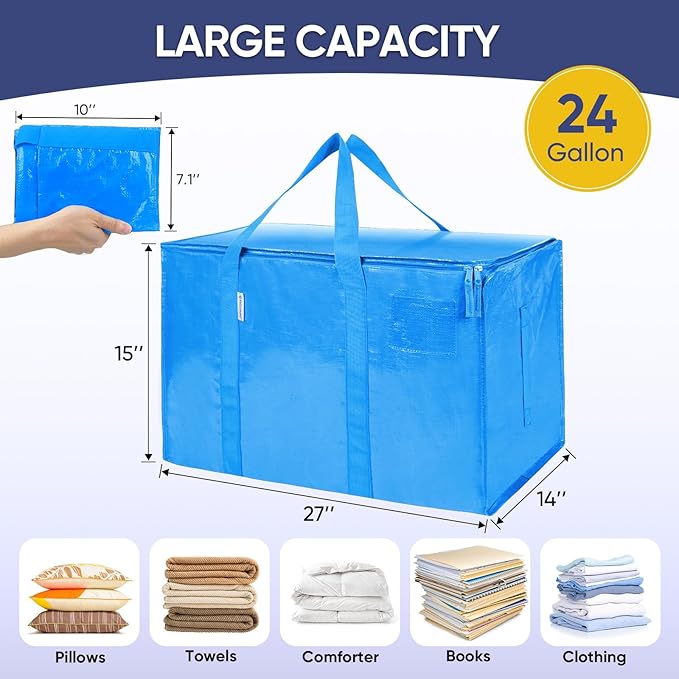 TICONN 6 Pack Extra Large Moving Bags Heavy Duty with Zippers & Carrying Handles, Durable Storage Bags Moving Boxes for Closet Organizers and Storage (6 Pack, Sky Blue) - Image 5