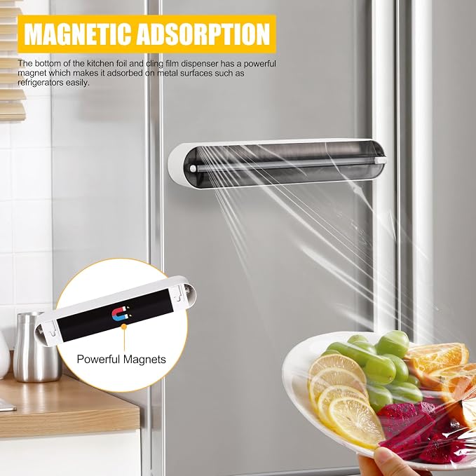 Aluminum Foil & Plastic Wrap Dispenser with Slide Cutter - Magnetic & No-Drill Wall Mount, Cling Film Dispenser for Worktops & Cabinets, Space-Saving Kitchen Organizer - Fits 12" Rolls, Black - Image 3