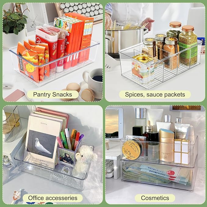 ZIZOTI Snack Organizer for Pantry Shelf, 6 Pack Clear Plastic Pantry Storage Bins with 3 Dividers for Snacks, Spices, Chips Food Organizer, Stackable Pantry Organizers for Kitchen, Fridge, Cabinet - Image 6