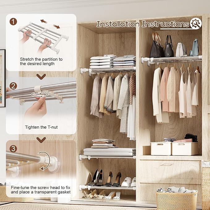 Tension Shelf Expandable Rod Closet Tension Shelf for Closet | System Heavy Duty Clothes Hanger Adjustable DIY Storage Organizer Freestanding Partitions Shoe Rack - Image 4