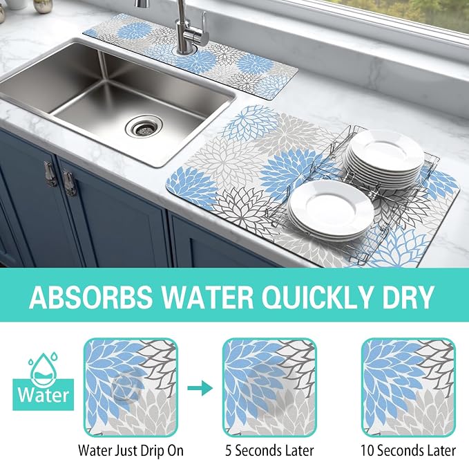 Dish Drying Mat for Kitchen Counter Matt, 2PCS 23"x15" Dish Drainer Mat & 24"x5.5" Sink Splash Guard, Super Absorbent Non-slip Rubber Backed - Image 3