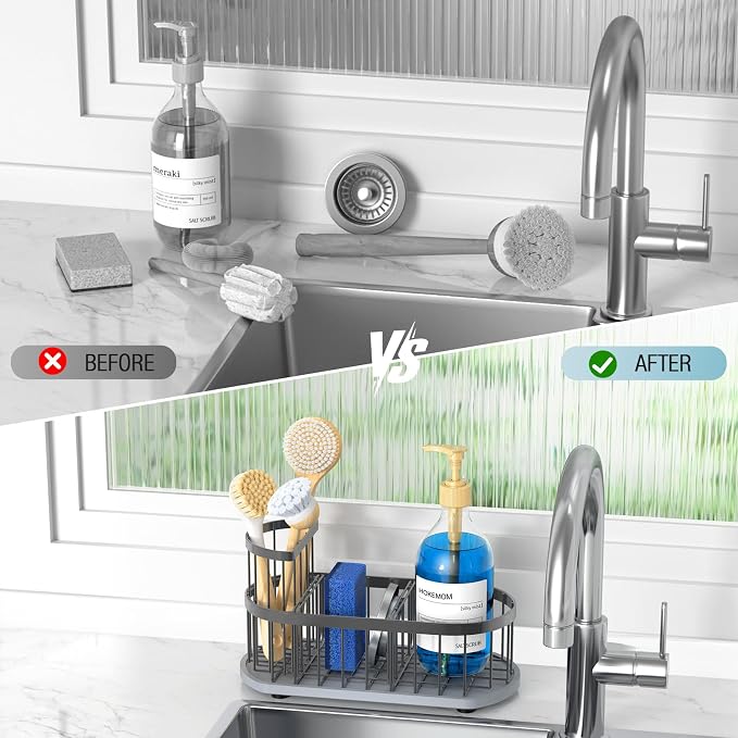 Sink Caddy Kitchen Sink Organizer, Sponge & Brush Holder, Stone Drying Mat | Space-Saving Sink Sponge Holder with Full-Size Tool Storage, Fits Most Sinks, Kitchen Sink Accessory and Countertop Organizer - Image 6