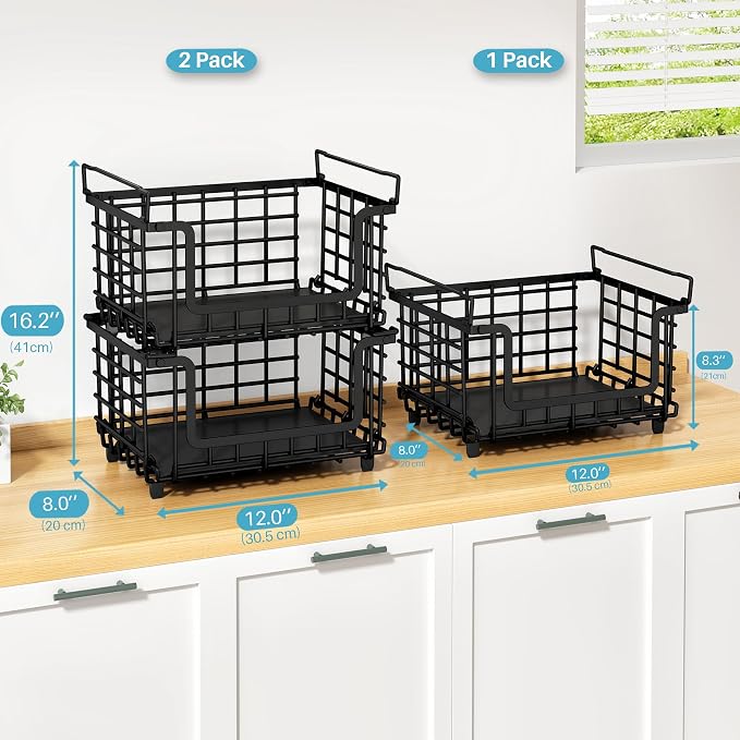 2 Pack Stackable Metal Wire Vegetable Fruit Basket for Kitchen Counter Cabinet, Pantry Organizers and Storage Basket, Food Can Snack Onion Potato Bread Storage Shelf Freezer Organizer Bins Containers - Image 6