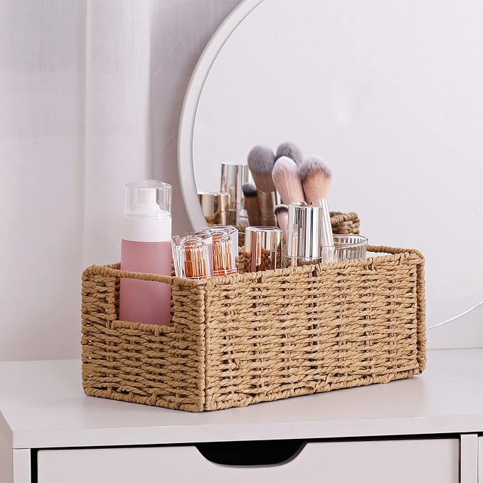Wicker Storage Basket, Set of 2 Hand-Woven Paper Rope Wicker Basket, Small Storage Baskets for Organizing Toilet Paper, Foldable Large Cube Storage Organizer Bins for Shelves (Natural) - Image 5