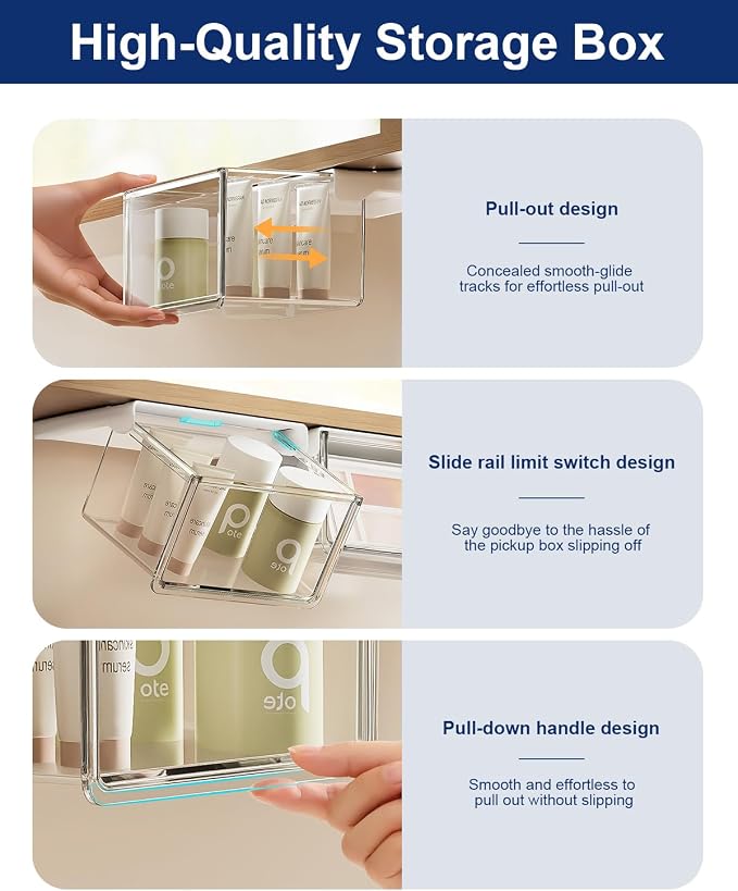 Hanging Cabinet Organizer – 33° Tilted Under Desk Drawer & Bathroom Storage – Self-Adhesive Clear Pull-Out Bins for Kitchen, Office & Vanity (Large) - Image 5